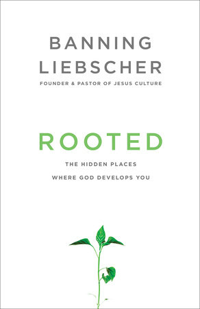 A white book cover with a small sprouted seedling and text: Rooted the hidden places where God develops you by Banning Liebscher founder and pastor of Jesus Culture