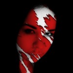 Black background with a woman's face and red and white jagged streaks across the face