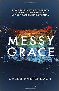 Blue book cover with a rainbow type water splash and the text Messy Grace how a pastor with gay parents learned to love others without sacrificing conviction by Caleb Kaltenbach