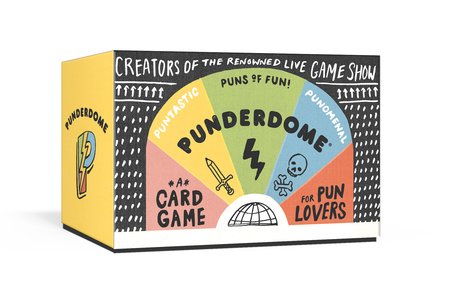 small rectangular game box with a black front and yellow sides, and the words Punderdome a card game for pun lovers, creators of the renowned live game show