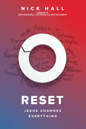 Red and purple book cover with image of a white arrow in circle form with the text Reset Jesus changes everything by Nick Hall