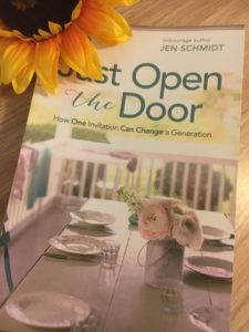 Just Open the Door by Jen Schmidt book cover with a bright yellow sunflower slightly overlapping the top left corner of the word "just" on the cover