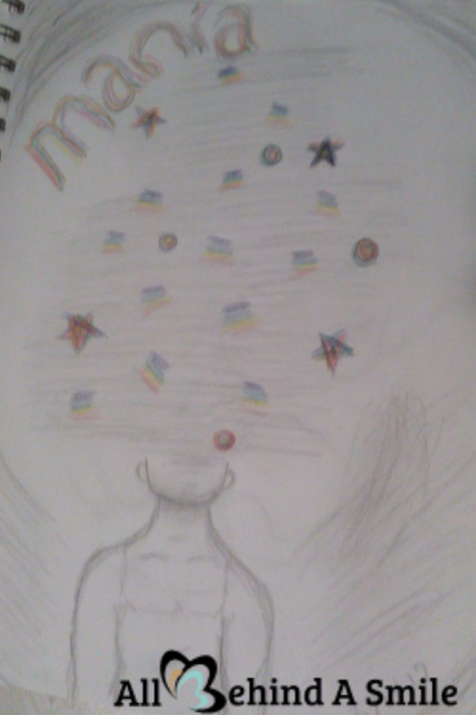 An interpretive sketch of mania - a person with rainbows and stars coming out of their head.
