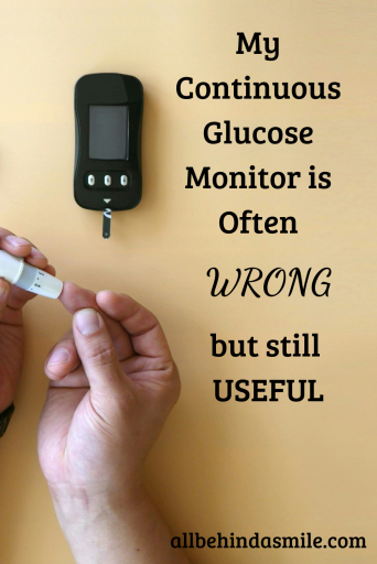CGM Often Wrong But Still Useful Image of a blood sugar test with a finger stick in progress with the text My continuous glucose monitor is often wrong but still useful