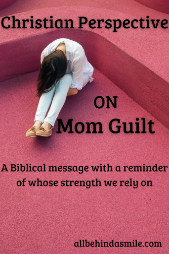 A woman bent with her head to her knees with the text Christian Perspective on Mom Guilt a Biblical message with a reminder of whose strength we rely on