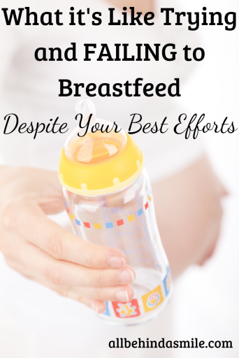 Pregnant woman in white crop top holding clear baby bottle with yellow ring with text: What it's like trying and failing to breastfeed despite your best efforts