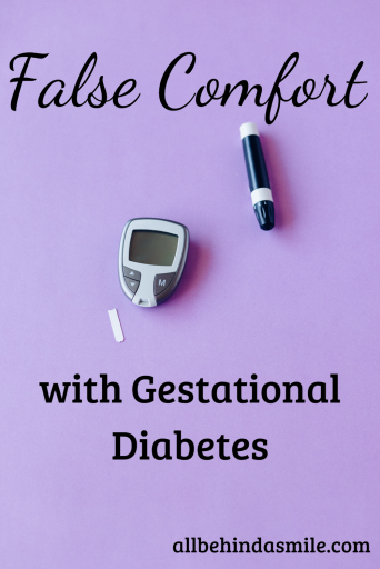 Purple background with a test strip, glucose meter, and lancing device with text: False Comfort with Gestational Diabetes