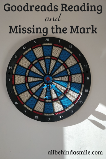 Text: Goodreads reading and missing the mark Image: Blue and white target with three darts missing the bullseye