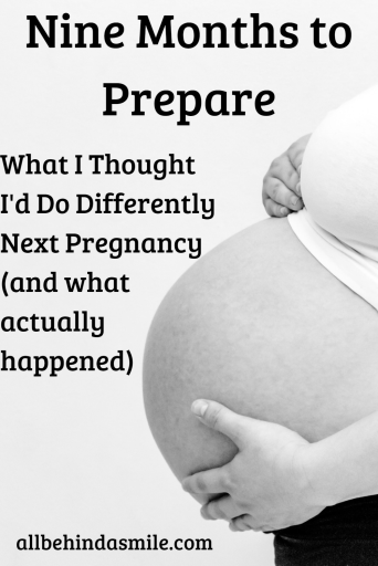 Greyscale side profile of a pregnant woman holding her exposed belly with a cropped light colored tank top on and the text Nine Months to Prepare What I thought I'd do differently next pregnancy (and what actually happened)