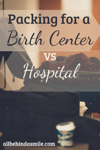 Packing for a Birth Center VS Hospital over image of a packed dark colored suitcase
