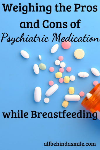A blue background with pills scattered and the text: Weighing the Pros and Cons of Psychiatric Medication while Breastfeeding