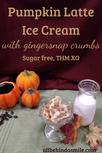 decorative pumpkins, one mug style containing coffee and coffee beans scattered in front, a glass ice cream dish with ice cream and gingersnap crumbs beside an antique cream container full of milk with fall leaves in front on a green placemat with a burgundy background